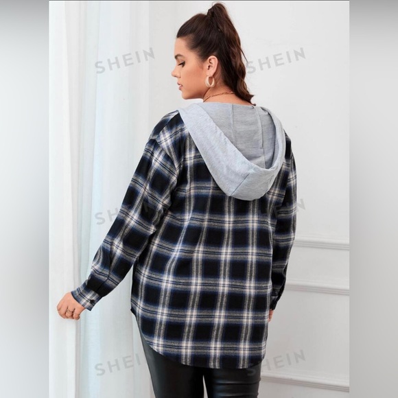 PLAID DRAWSTRING HOODED FLANNEL PLUS SIZE - Picture 3 of 4